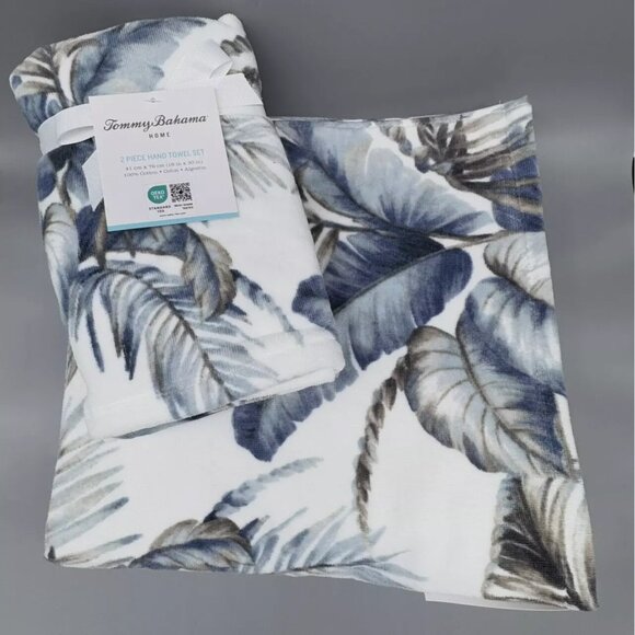4pc TOMMY BAHAMA Blue Gray Palm Fronds 2 Bath and 2 Hand Towel Set Tropical NEW - Picture 1 of 10